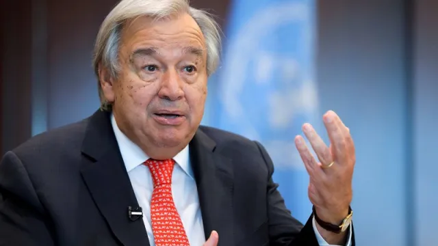 FILE PHOTO: United Nations Secretary-General Antonio Guterres gestures during an interview with Reuters in New York