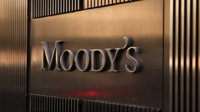 Signage is seen outside the Moody's Corporation headquarters in Manhattan, New York